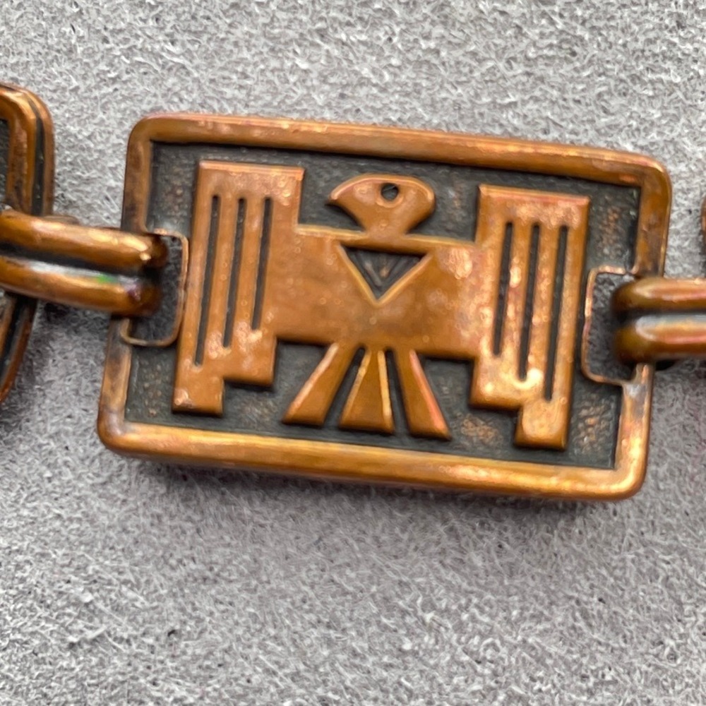 Vintage Copper Bracelet Thunderbird Panel Southwestern MCM Signed 7"